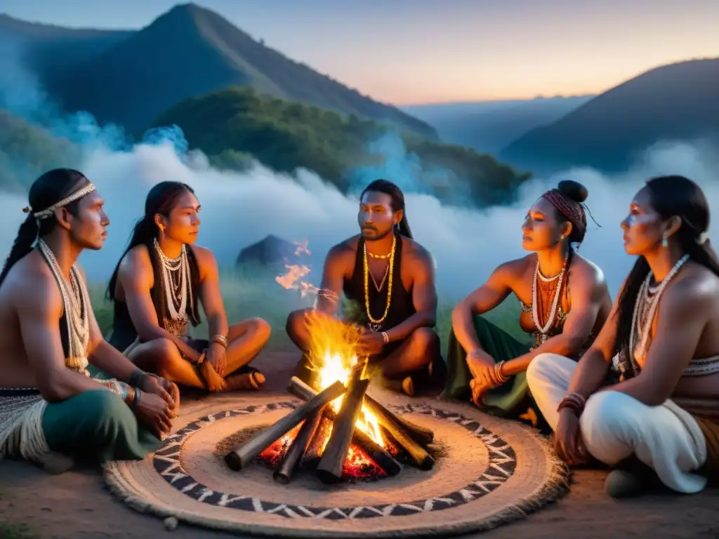 Chamanes y curanderos en salud realizan ritual nocturno alrededor del fuego, con hierbas y herramientas, rostros pintados y estrellas brillando
