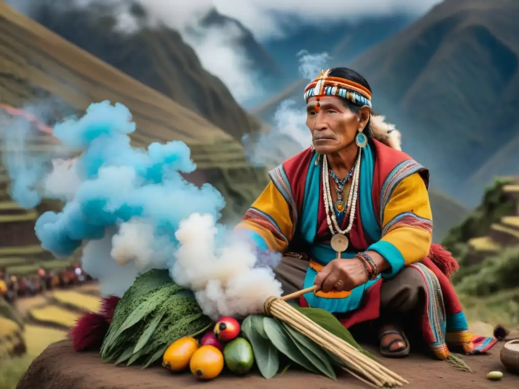 Chamanes en la sociedad andina: Ritual sagrado entre la comunidad andina con el chamán invocando espíritus en las montañas