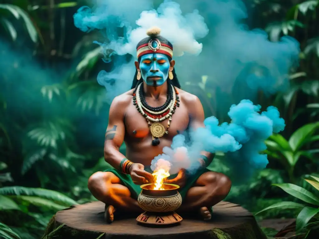 Chamanismo en las Américas contemporáneas: Ritual sagrado en la selva amazónica con chamán invocando espíritus ancestrales