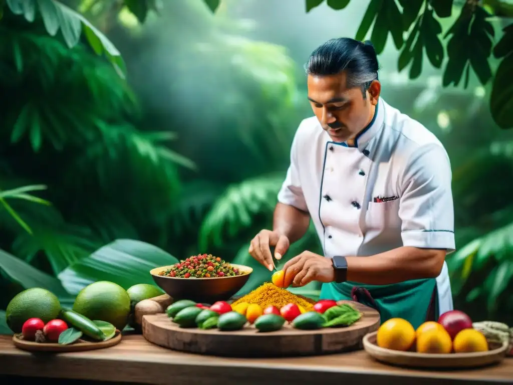 Un chef indígena amazónico preparando sabores únicos con frutas, especias y pescado fresco, rodeado de exuberante vegetación