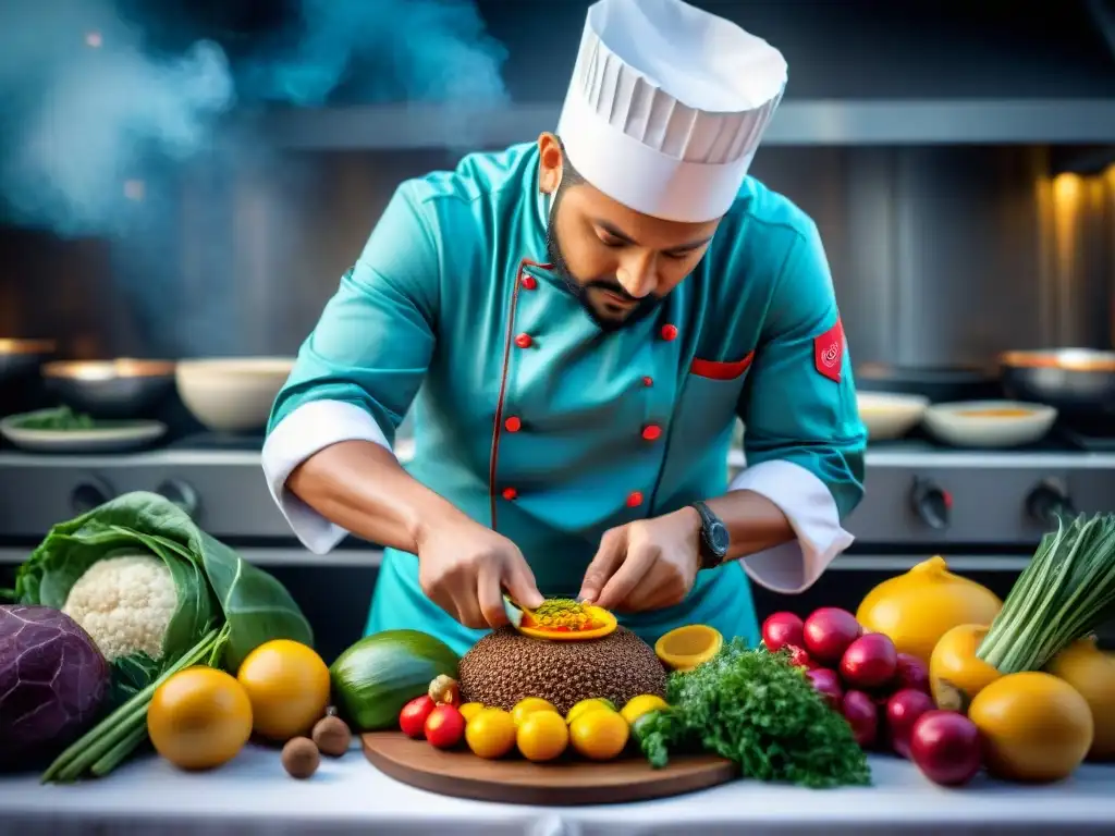 Un chef fusionando culturas indígenas en platos creativos, mezcla de tradición e innovación culinaria