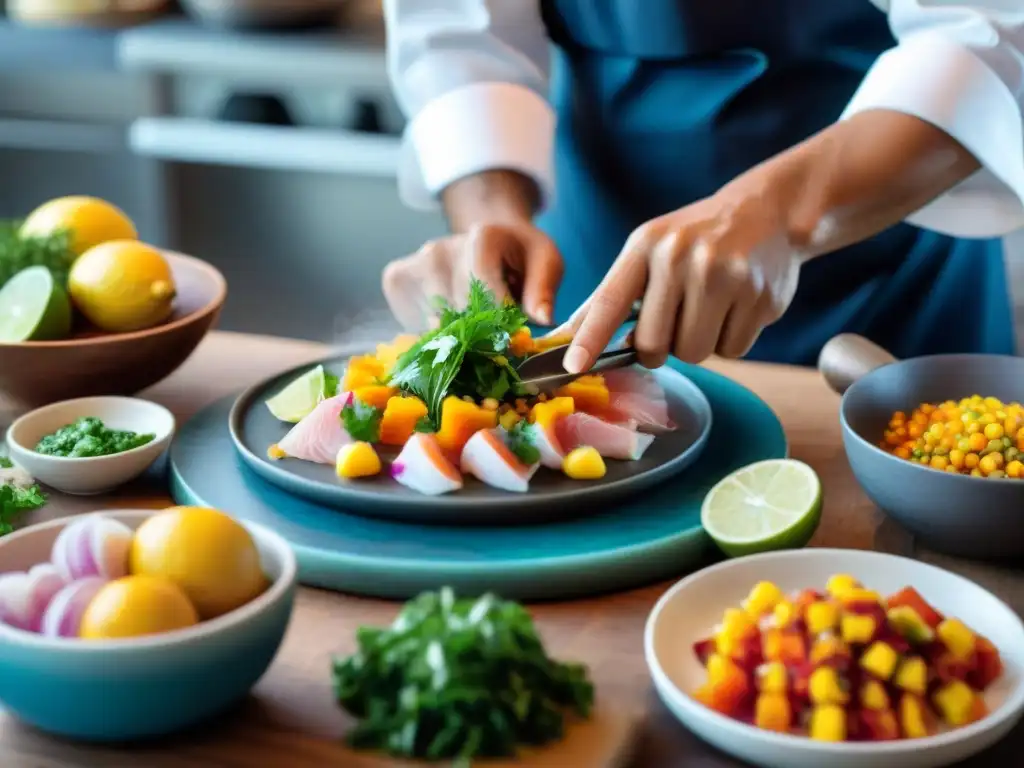 Un chef experto preparando ceviche con ingredientes peruanos en una cocina moderna, fusionando origen indígena platos alta cocina