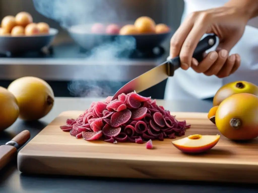 Un chef experto corta delicadamente la fruta fresca de Camu Camu, resaltando su color rosa vibrante y textura única