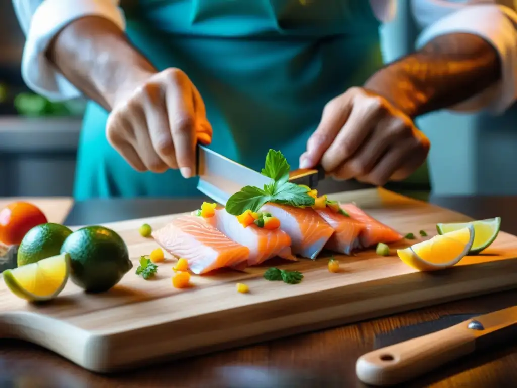 Un chef experto corta pescado fresco para ceviche, fusionando técnicas ancestrales con alta cocina