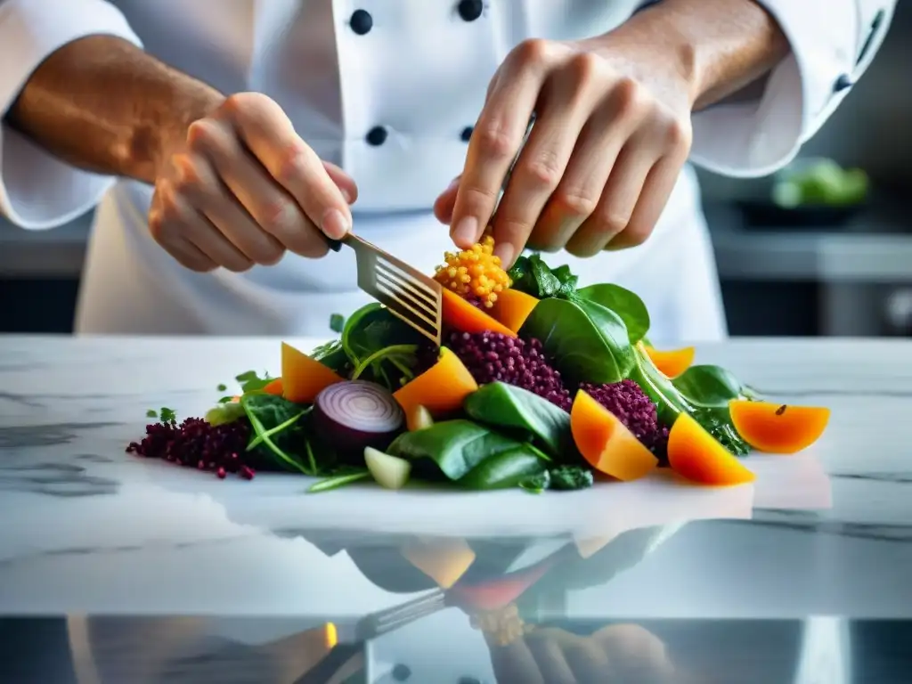 Un chef experto moldea una ensalada de amaranto y vegetales en una cocina contemporánea, destacando los beneficios del amaranto en cocina