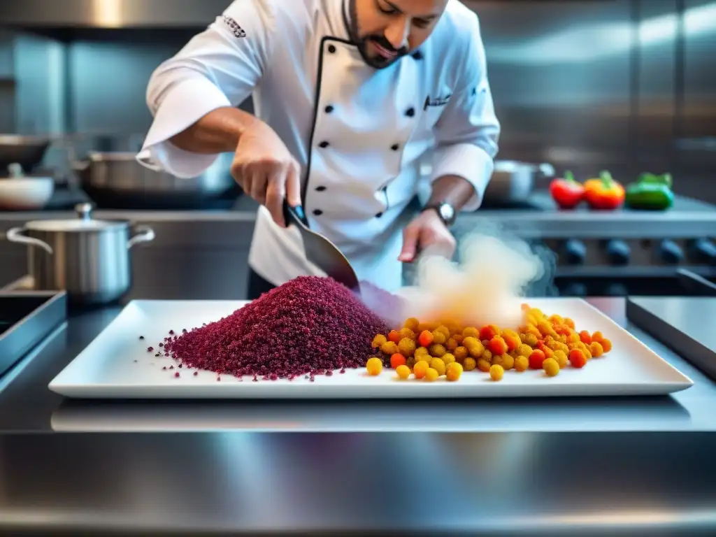 Un chef experto crea exquisitos platos con amaranto en una cocina moderna, resaltando los beneficios del amaranto en cocina