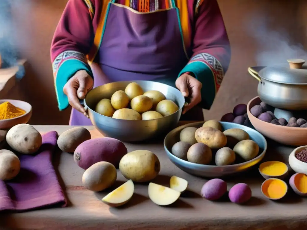 Un chef experto preparando papas andinas en la gastronomía andina tradicional, rodeado de utensilios rústicos y una hoguera de adobe humeante