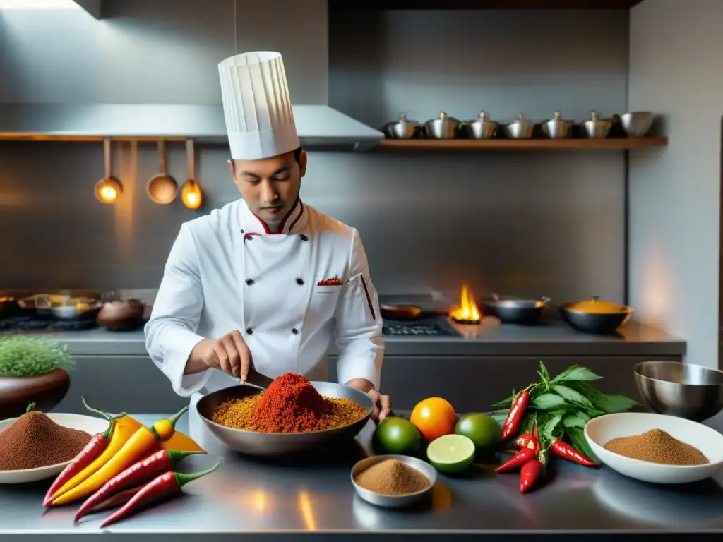 Un chef experto fusionando sabores indígenas en recetas modernas en una cocina elegante y colorida