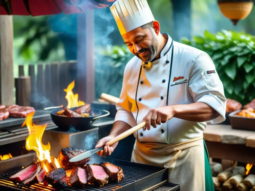 Un chef experto en técnicas ancestrales cocina al aire libre, con maravillosa destreza sobre una parrilla de piedra