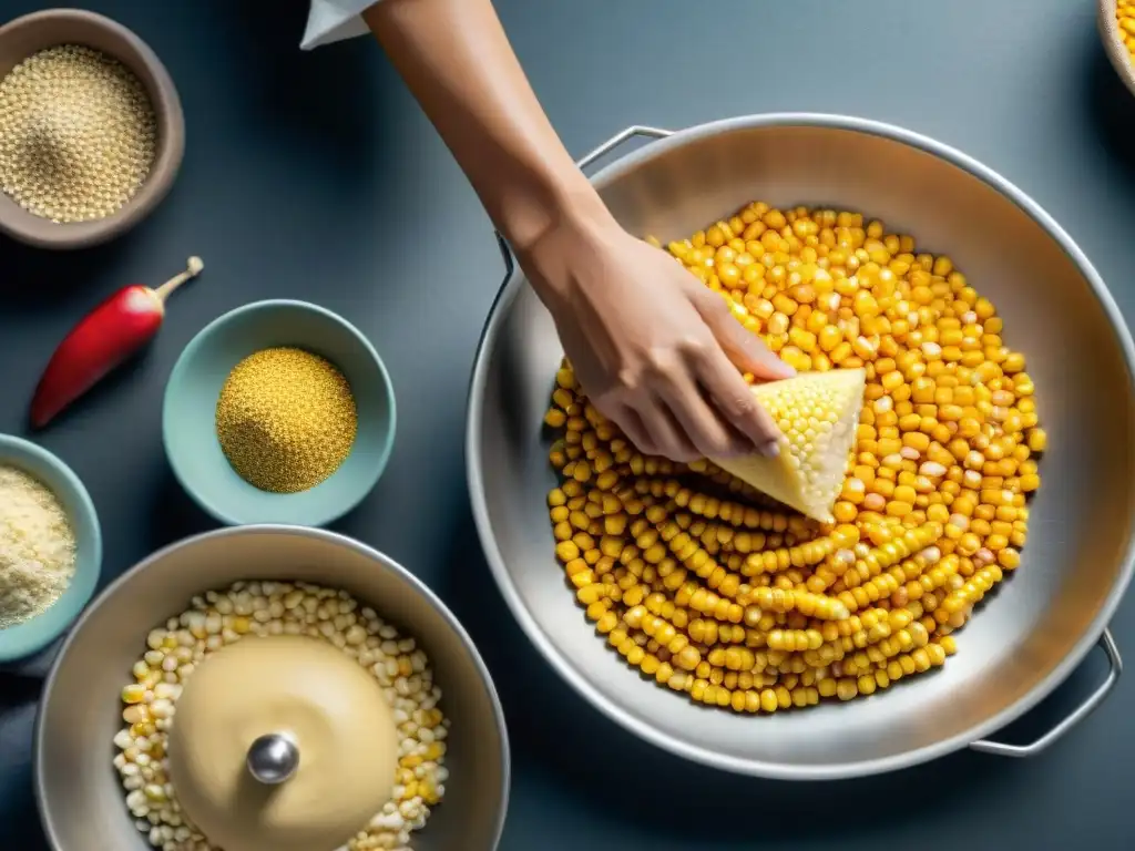 Un chef experto fusiona técnicas indígenas con cocina moderna al moler maíz en un metate en una cocina contemporánea