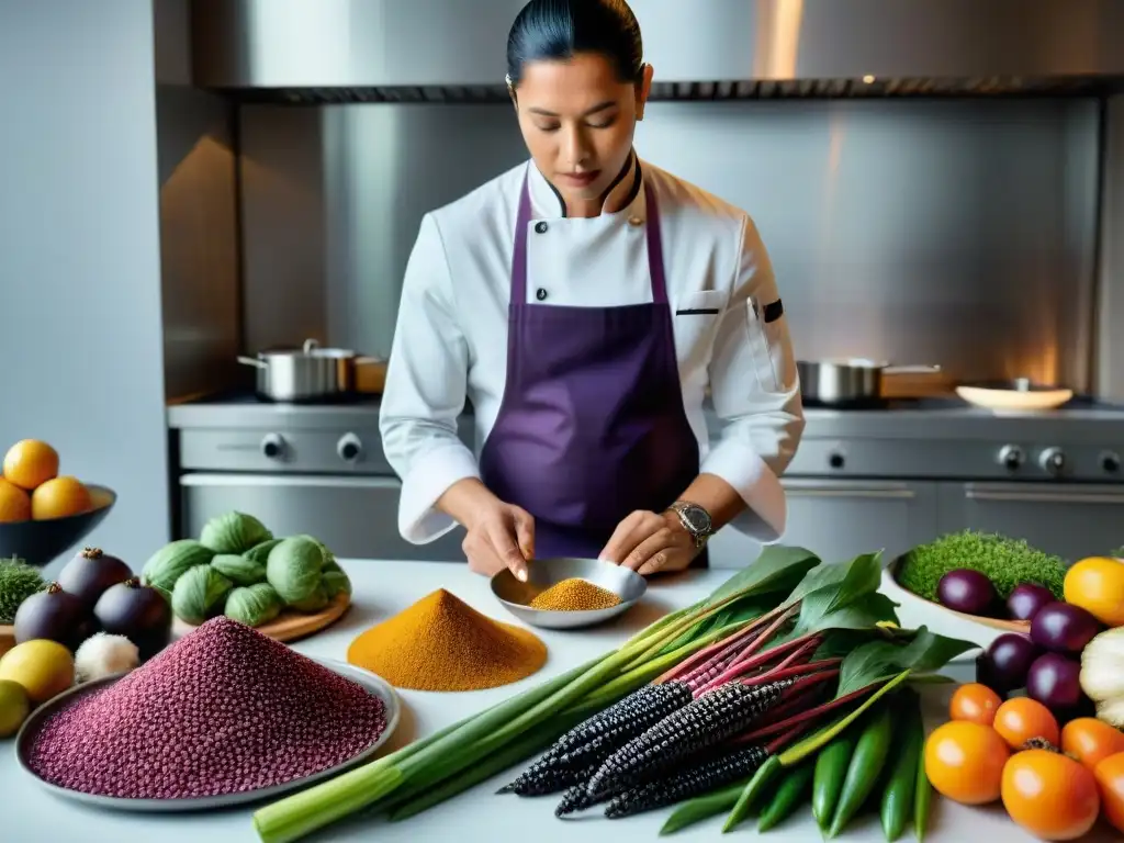 Un chef famoso examina con respeto ingredientes indígenas en gastronomía en una cocina moderna y elegante