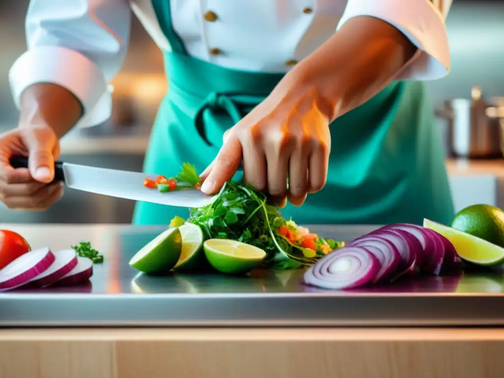 Un chef habilidoso preparando ceviche y tiradito peruano en cocina moderna