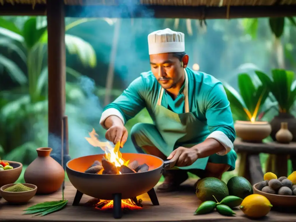 Un chef indígena amazónico prepara un plato tradicional rodeado de ingredientes vibrantes en una cocina rústica