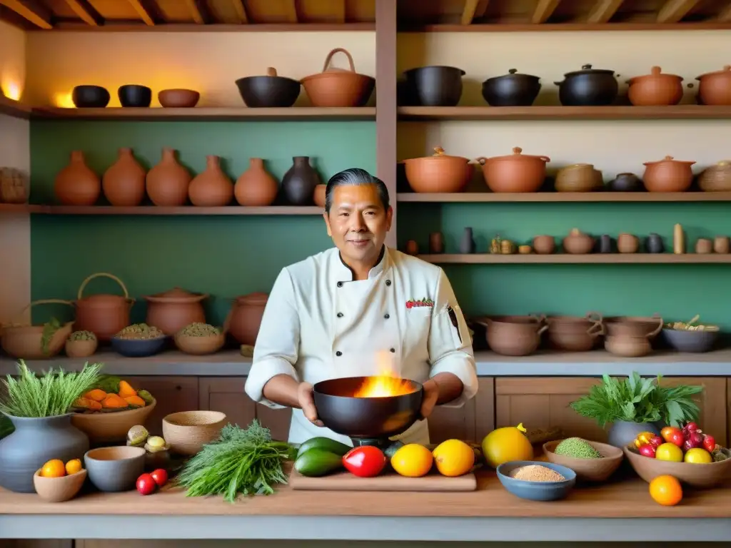 Un chef indígena de las Américas prepara ingredientes nativos en una cocina rústica, fusionando tradición y sostenibilidad