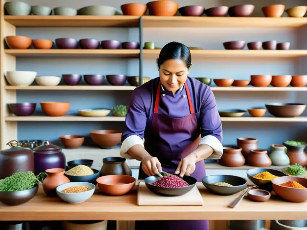 Un chef indígena prepara auténticos platos en cocina rústica, entre ingredientes vibrantes