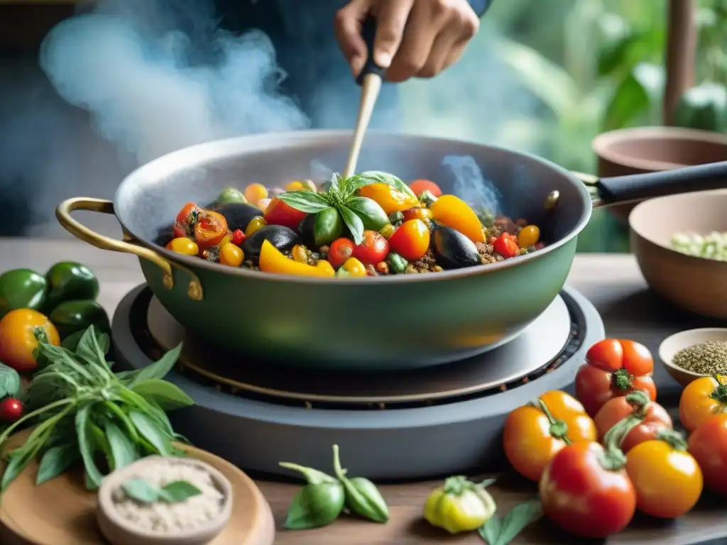 Un chef indígena innovador cocina en un ambiente tradicional con ingredientes locales, en una cocina llena de color