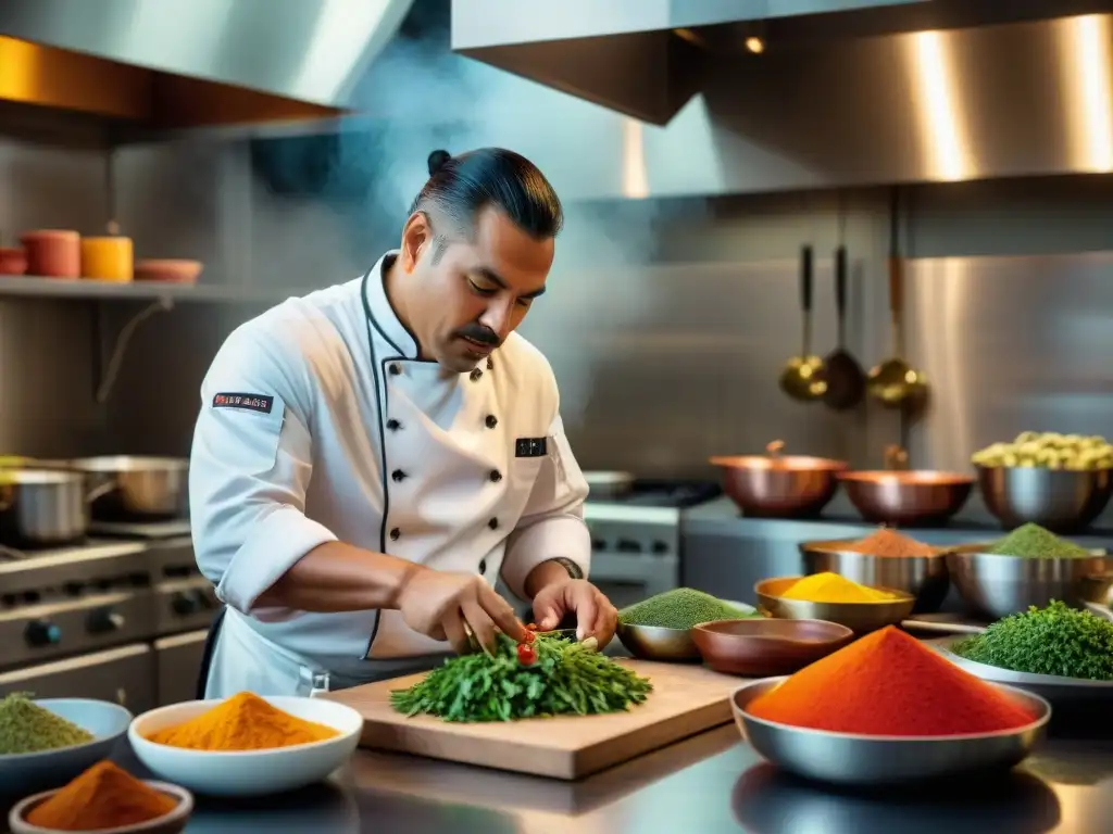 Un chef indígena reviviendo la cocina en una cocina moderna, rodeado de ingredientes locales y utensilios únicos