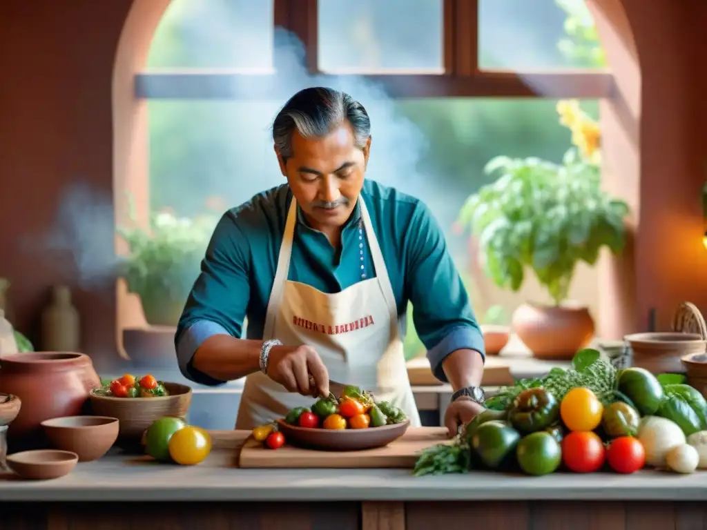 Chef indígena revitalizando cocina con ingredientes vibrantes y tradicionales en ambiente auténtico y cálido