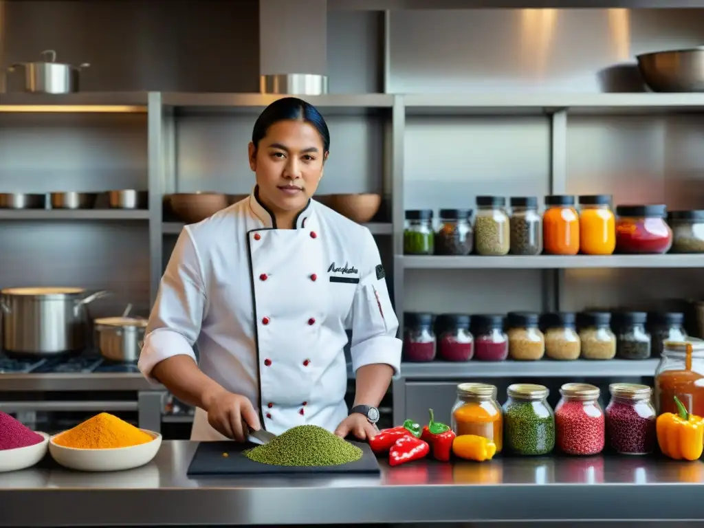 Chef indígena redefiniendo cocina tradicional con ingredientes ancestrales en cocina moderna