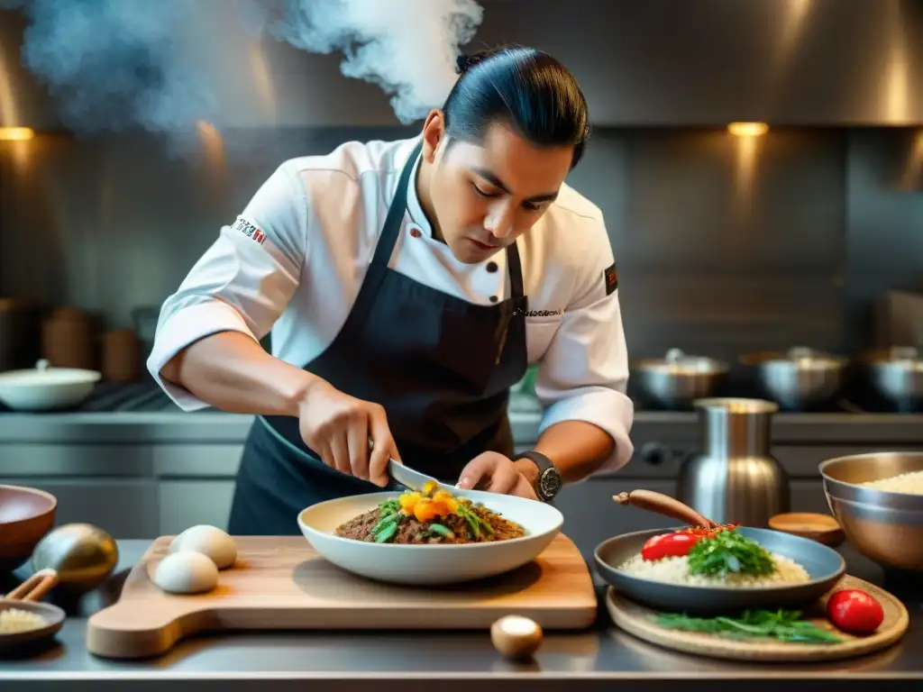 Un chef indígena redefiniendo cocina tradicional, fusionando tradición e innovación en una escena culinaria detallada y emotiva