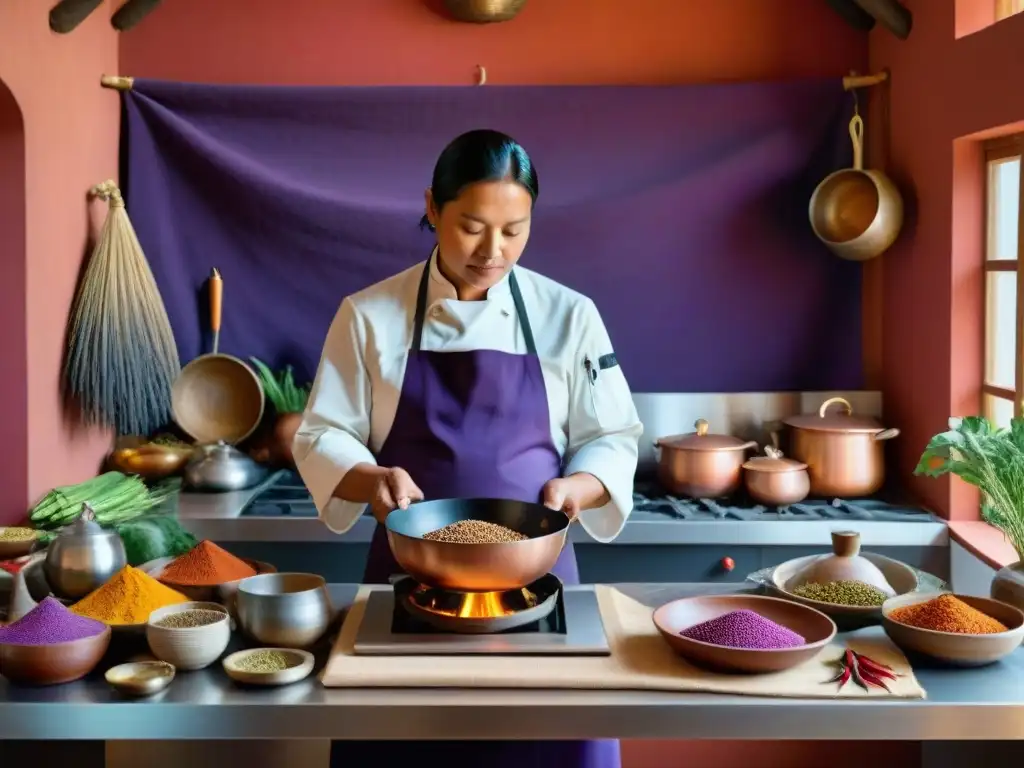 Un chef indígena en una cocina vibrante, usando técnicas indígenas para crear cocina moderna con ingredientes coloridos como maíz morado y quinua