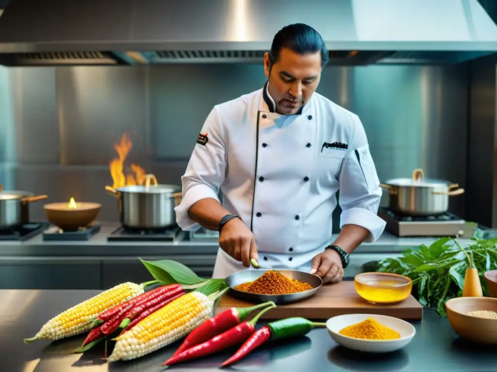 Un chef indígena contemporáneo fusionando sabores en una cocina vibrante y llena de ingredientes tradicionales