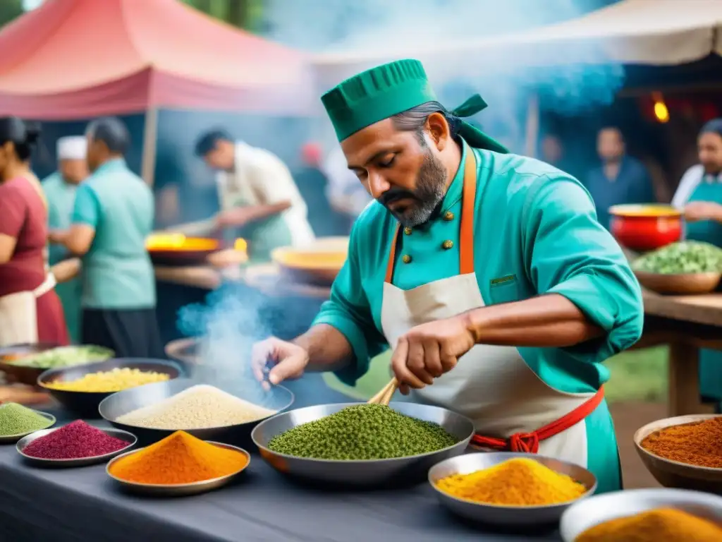 Chef indígena preparando delicias en festival con ingredientes frescos sobre fuego abierto