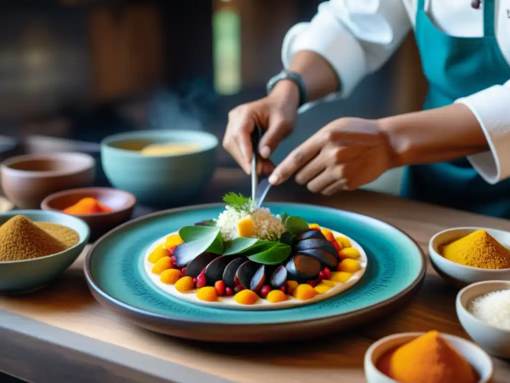 Chef indígena crea estética presentación platos festivales con ingredientes coloridos en plato de cerámica artesanal