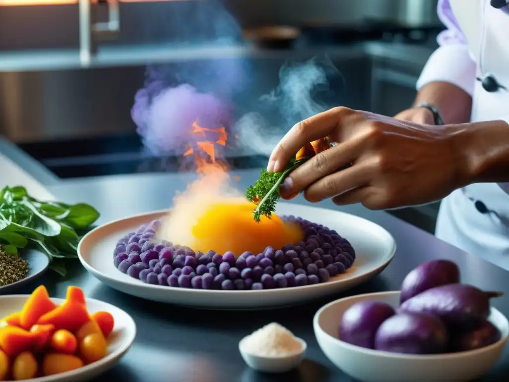 Un chef indígena experto en cocina fusión prepara un vibrante platillo con ingredientes coloridos en una cocina moderna