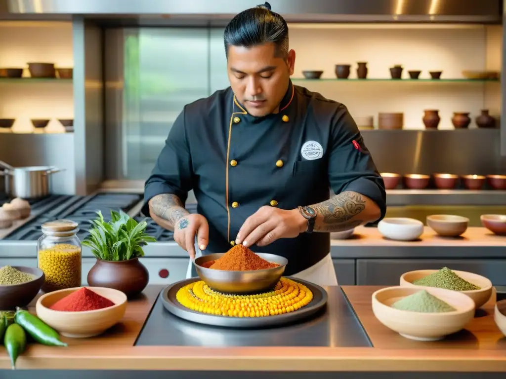 Un chef indígena experto preparando ingredientes tradicionales en una cocina moderna