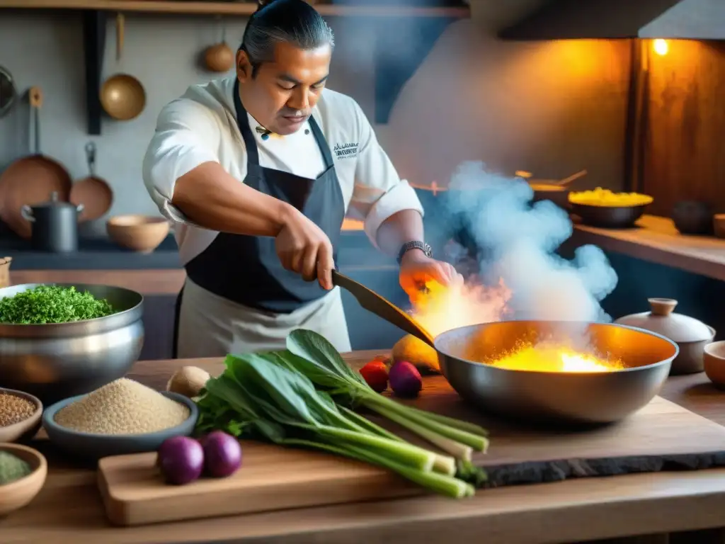 Un chef indígena experto preparando ingredientes en una cocina rústica, mostrando la resistencia y riqueza de la gastronomía indígena