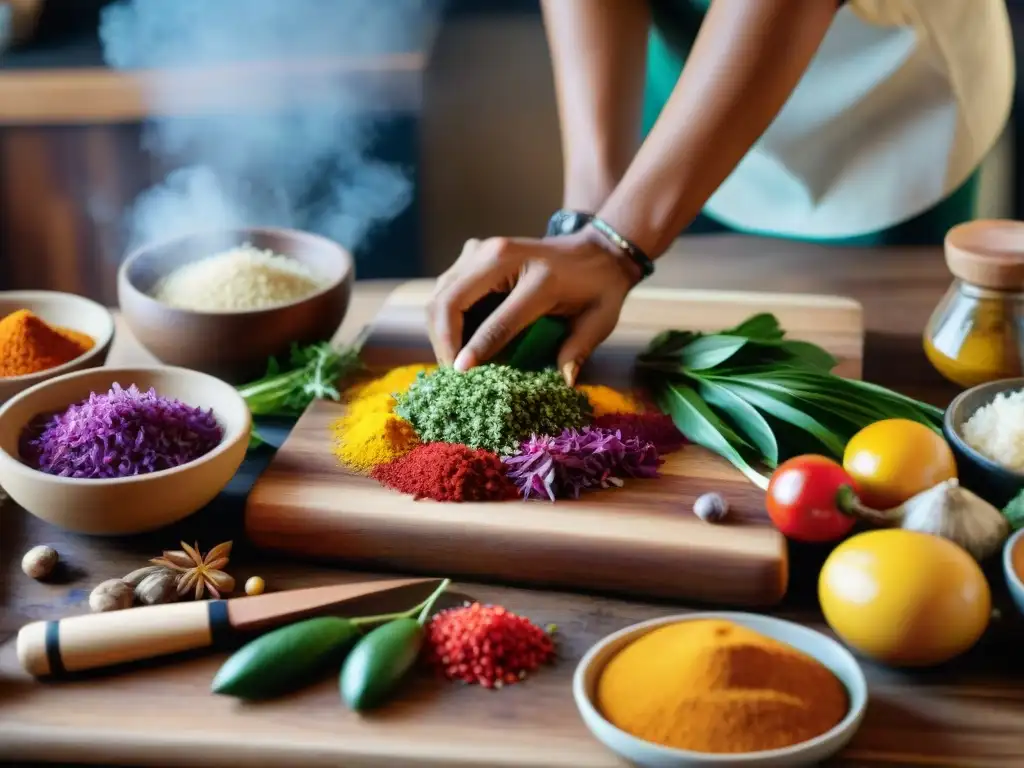 Un chef indígena experto preparando ingredientes en una cocina tradicional, para blogs digitales sobre cocina indígena