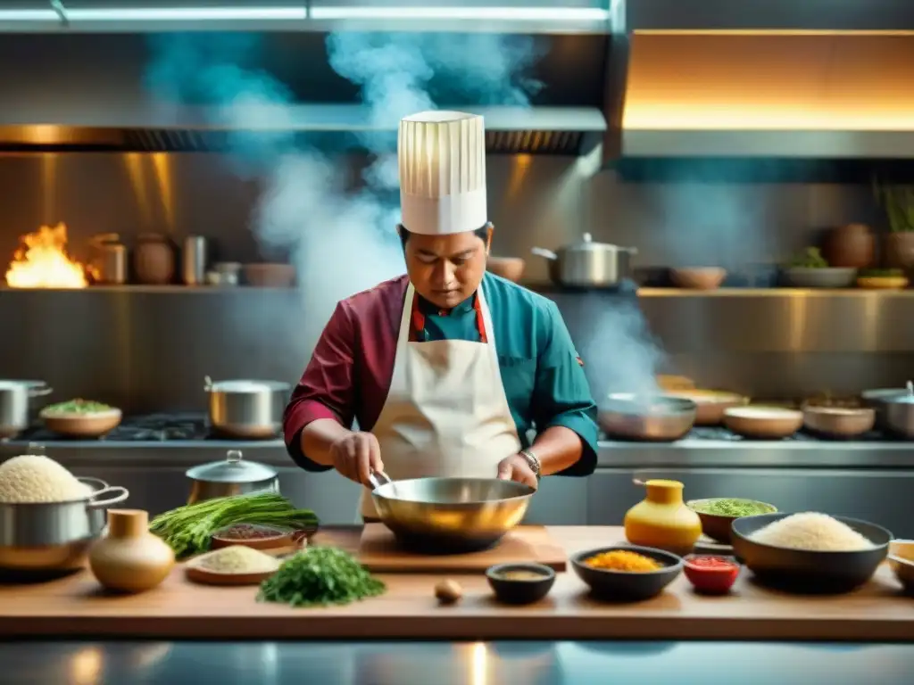 Un chef indígena experto fusionando tradición y modernidad en una cocina contemporánea