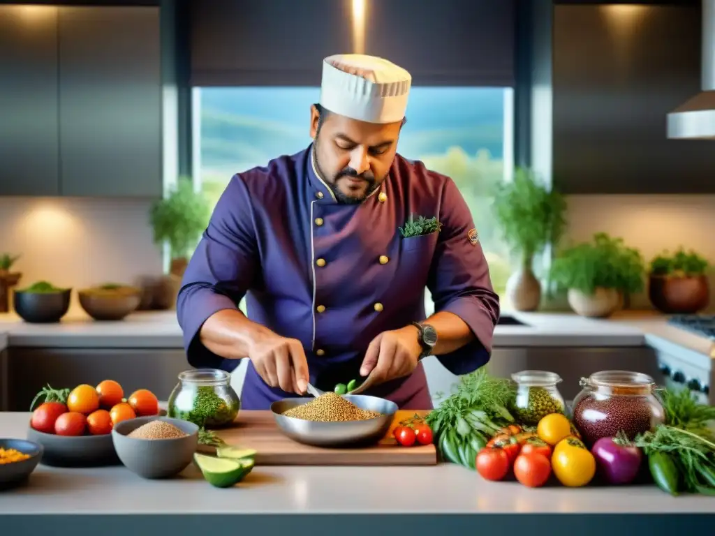 Un chef indígena experto preparando un platillo en una cocina moderna, rodeado de ingredientes tradicionales vibrantes