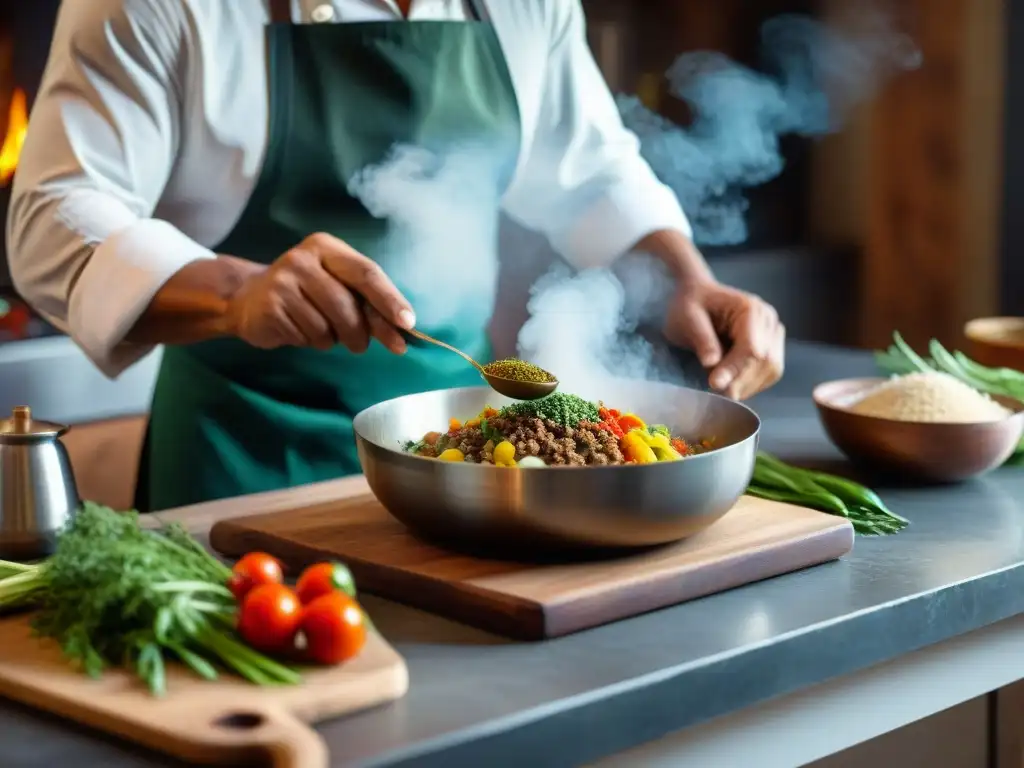 Un chef indígena experto prepara un plato tradicional en una cocina rústica con especias y utensilios coloridos