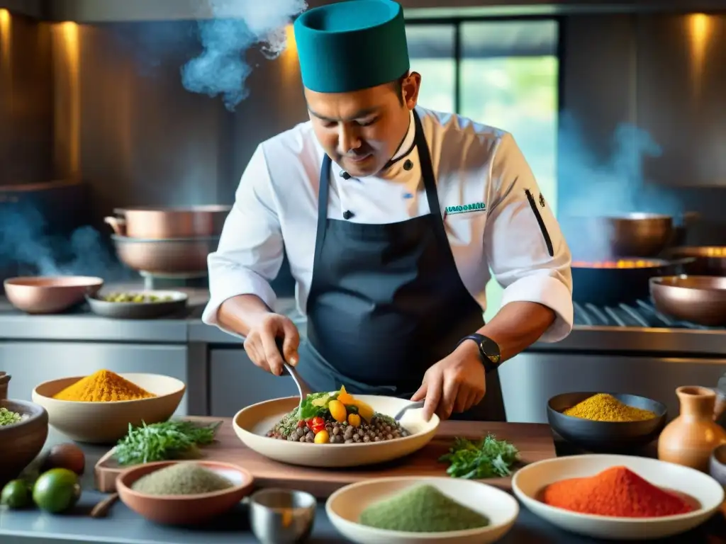 Un chef indígena experto prepara un plato vibrante, fusionando cocina ancestral y contemporánea