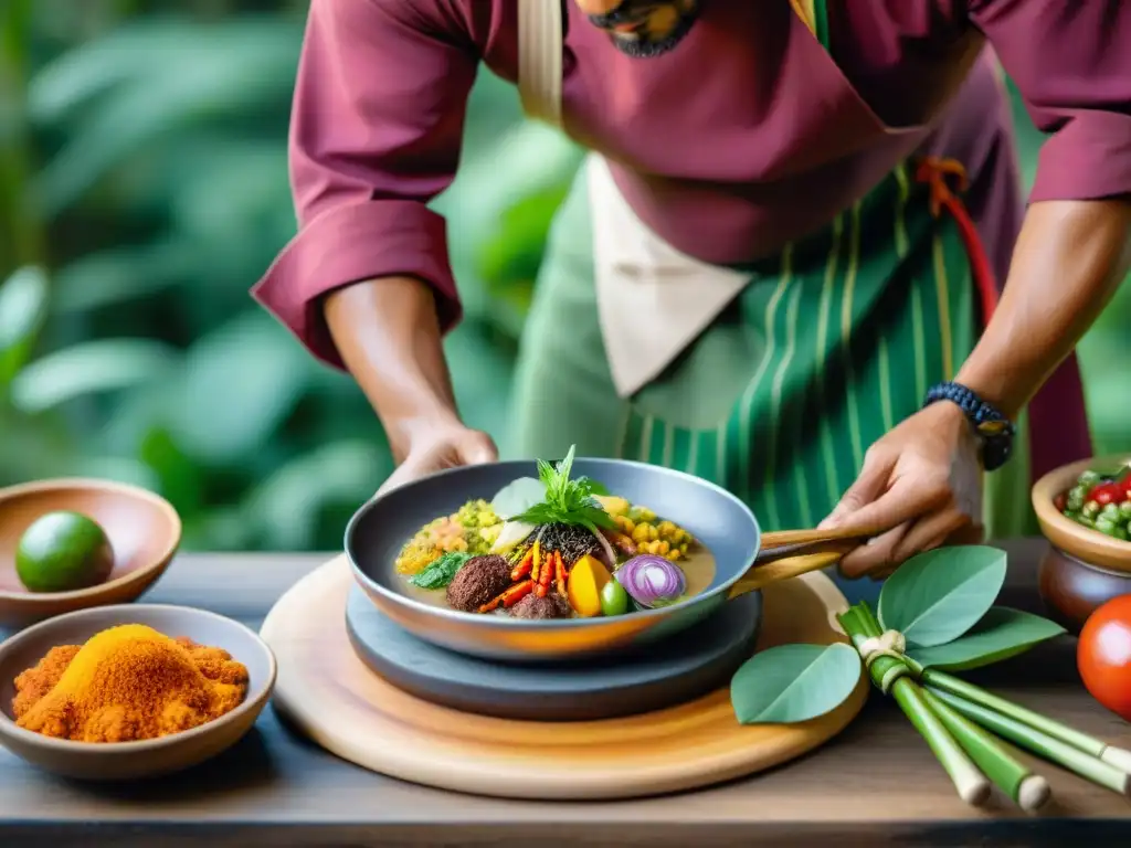 Un chef indígena experto preparando un plato colorido con métodos ancestrales