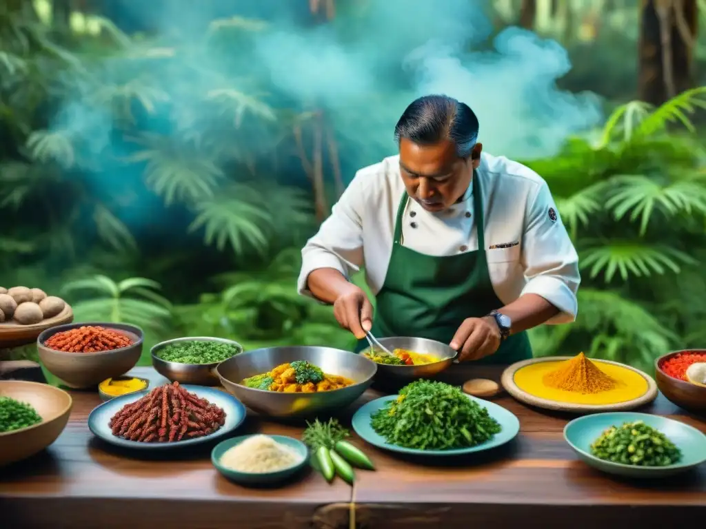 Un chef indígena experto preparando platos auténticos al aire libre, con ingredientes vibrantes en una mesa de madera bajo el cálido sol