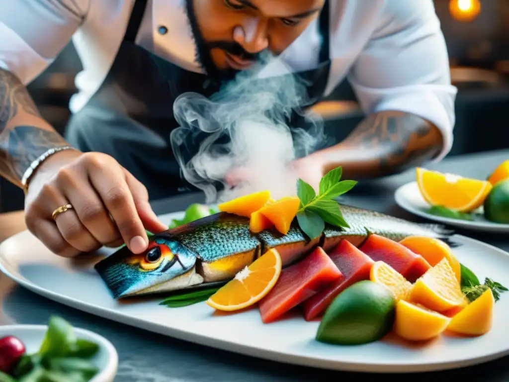 Un chef indígena experto elabora platos de alta cocina con ingredientes frescos y coloridos en una cocina multicultural