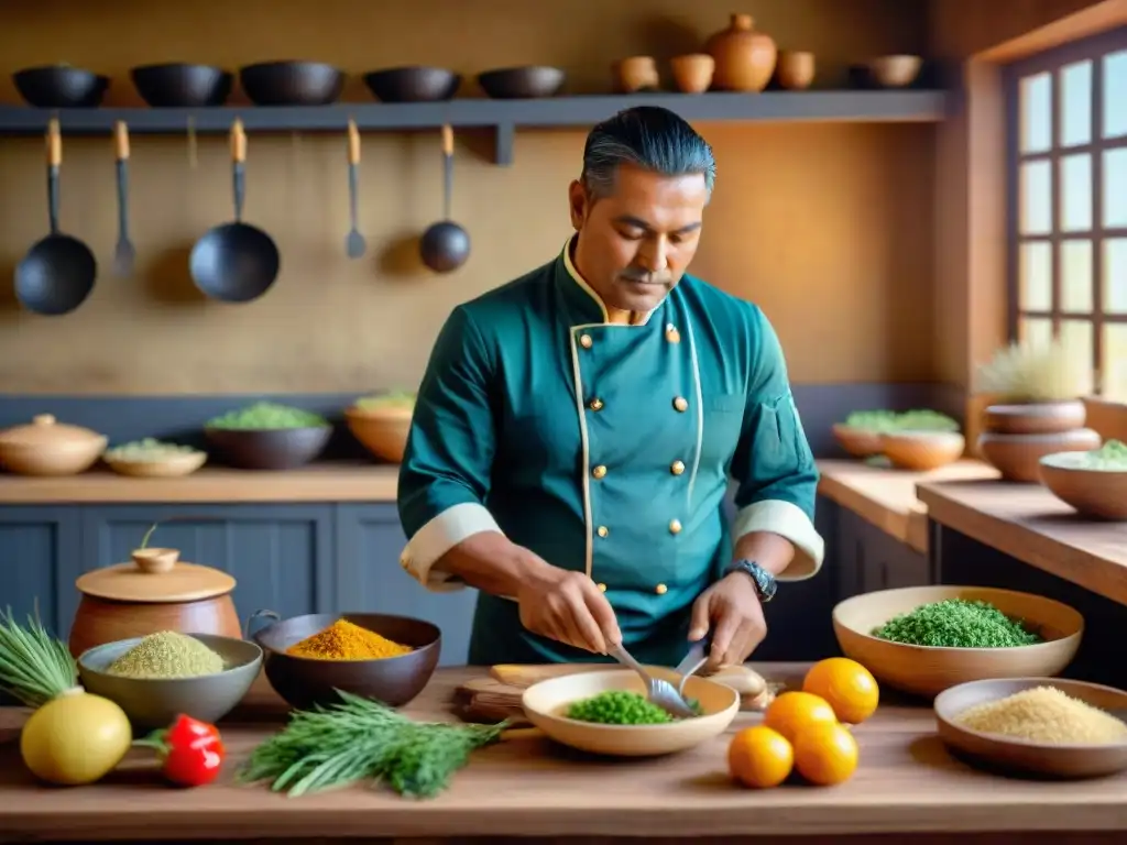 Un chef indígena experto preservando recetas culinarias ancestrales en cocina tradicional