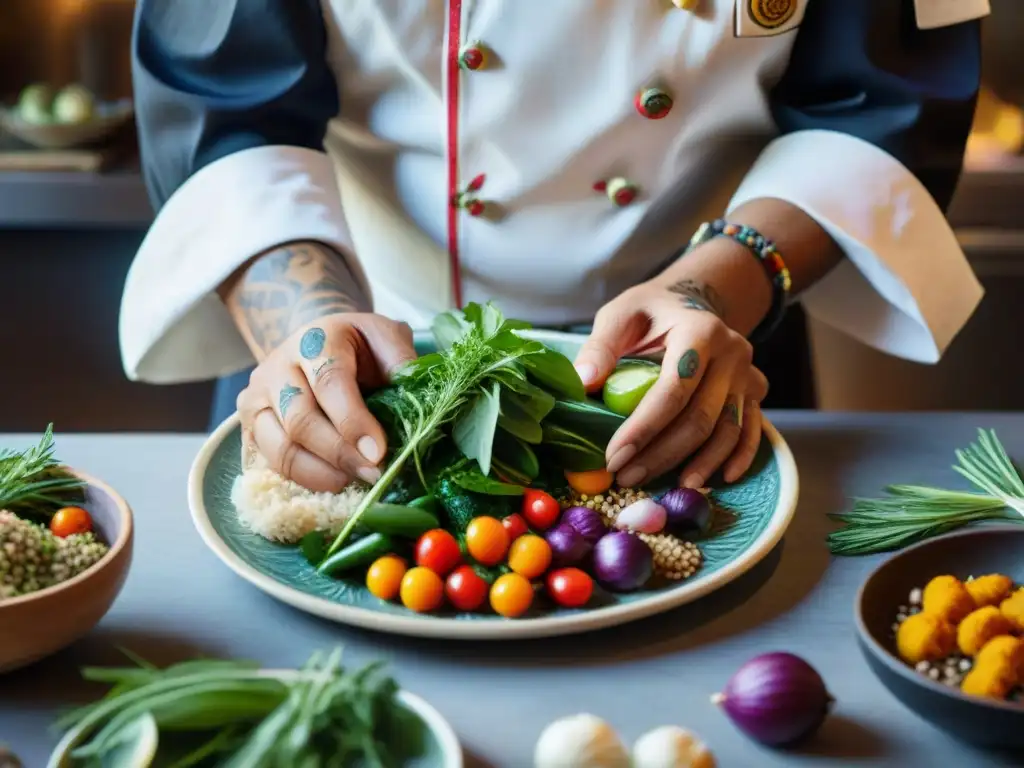 Un chef indígena experto en gastronomía sostenible de las Américas arregla ingredientes frescos en un plato tradicional