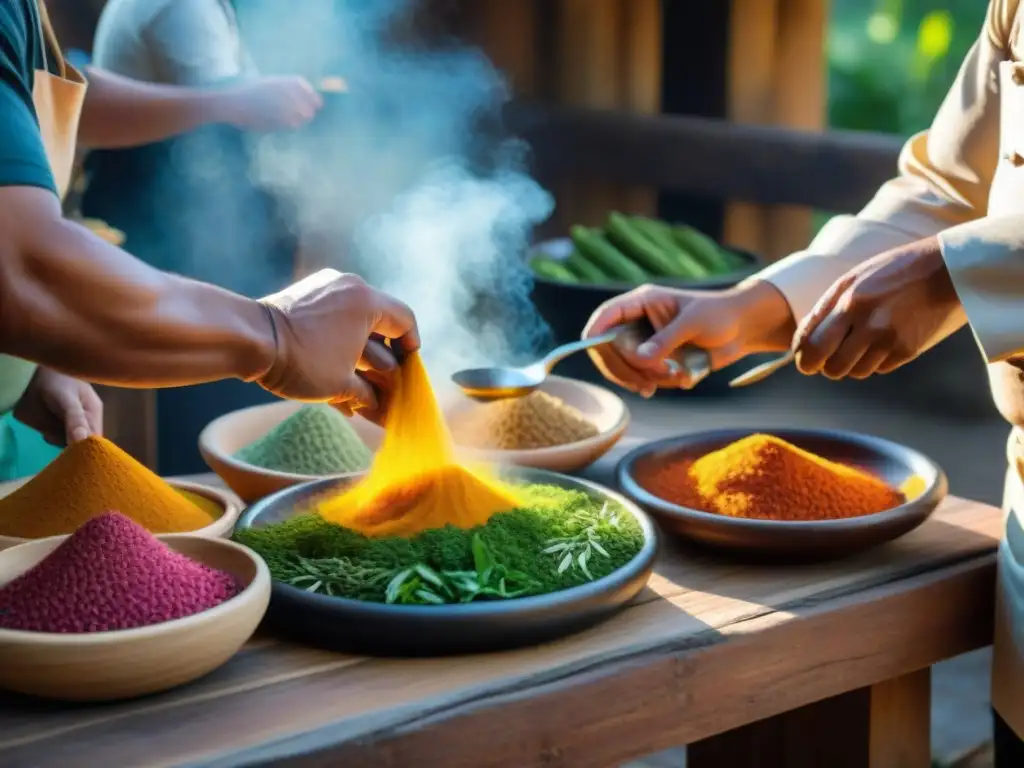 Un chef indígena experto en traje tradicional prepara ingredientes nativos en una mesa rústica