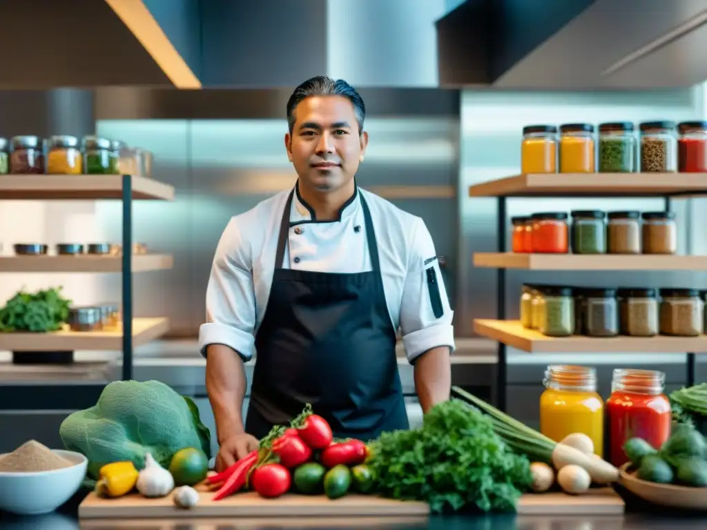 Un chef indígena habilidoso en cocina contemporánea, fusionando técnicas tradicionales con ingredientes modernos