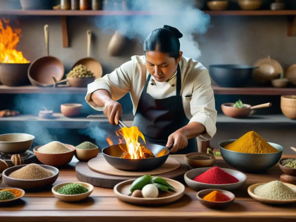 Un chef indígena habilidoso prepara ingredientes nativos en una cocina rústica