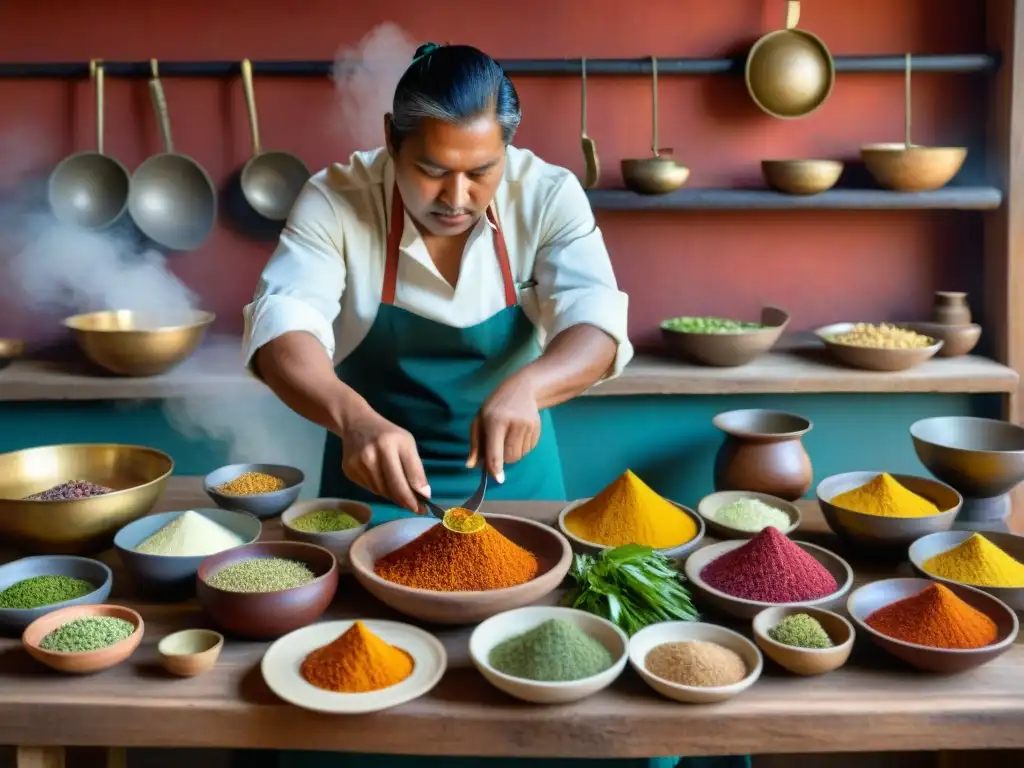 Un chef indígena habilidoso preparando sabores ancestrales de pueblos indígenas en cocina rústica