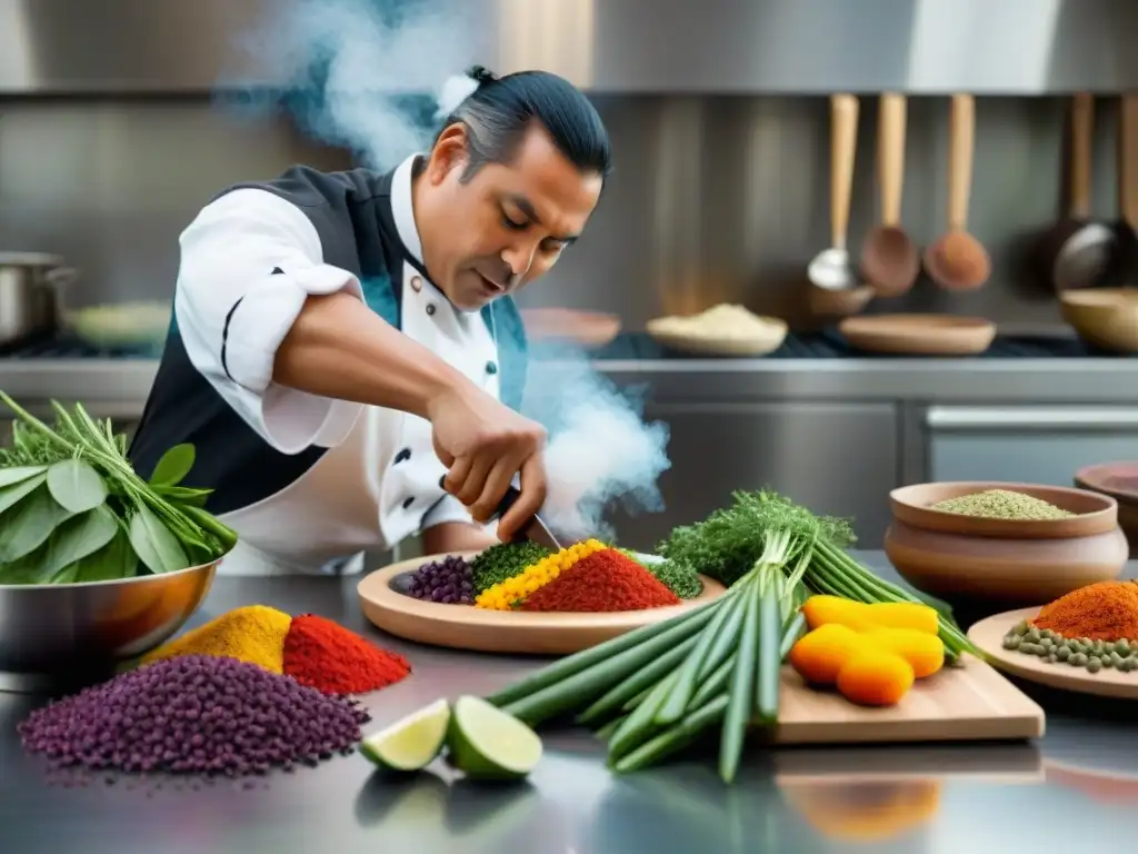 Chef indígena preparando ingredientes en cocina moderna