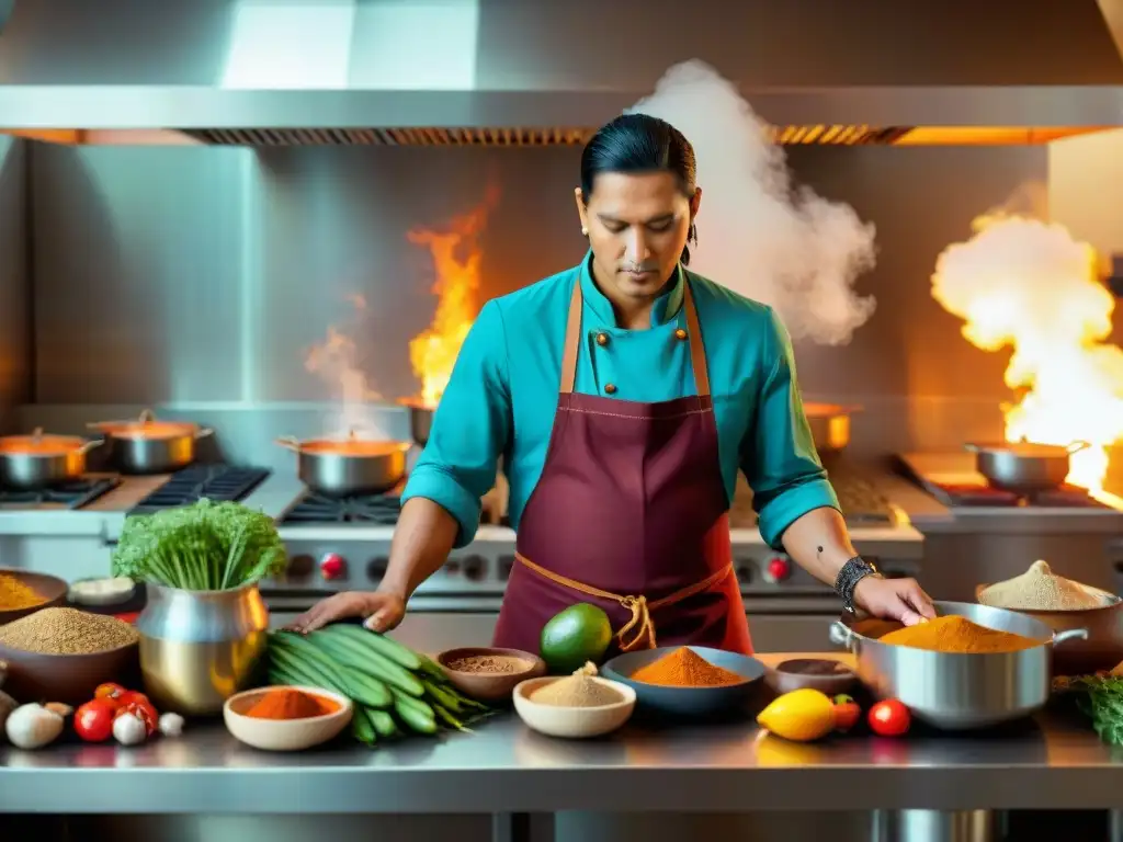 Un chef indígena fusiona ingredientes tradicionales con técnicas modernas en una cocina bulliciosa