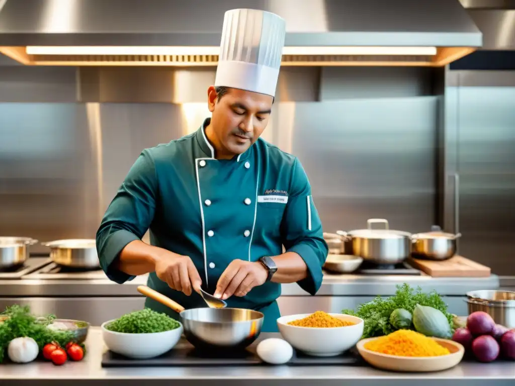 Un chef indígena prepara con pasión un platillo tradicional en una cocina moderna y brillante