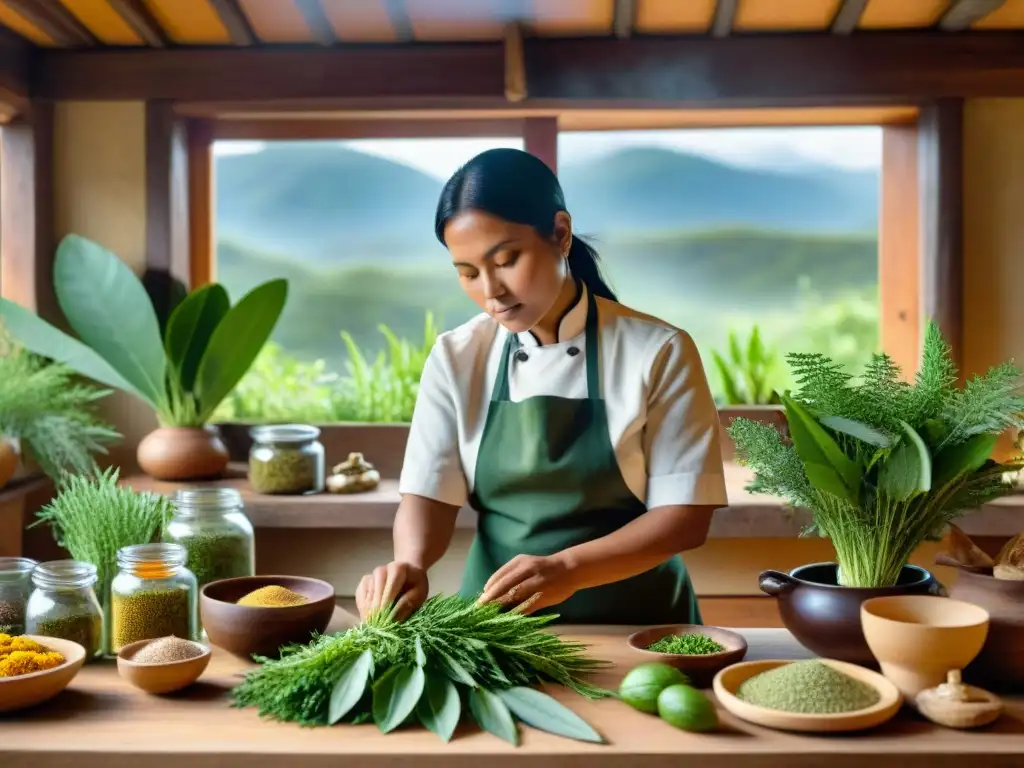 Un chef indígena selecciona plantas medicinales en una cocina tradicional, iluminada por el sol