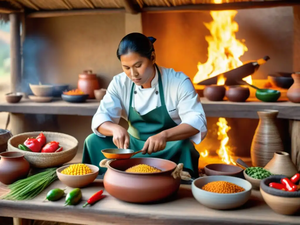 Un chef indígena preparando un platillo tradicional en una cocina rústica con ingredientes frescos